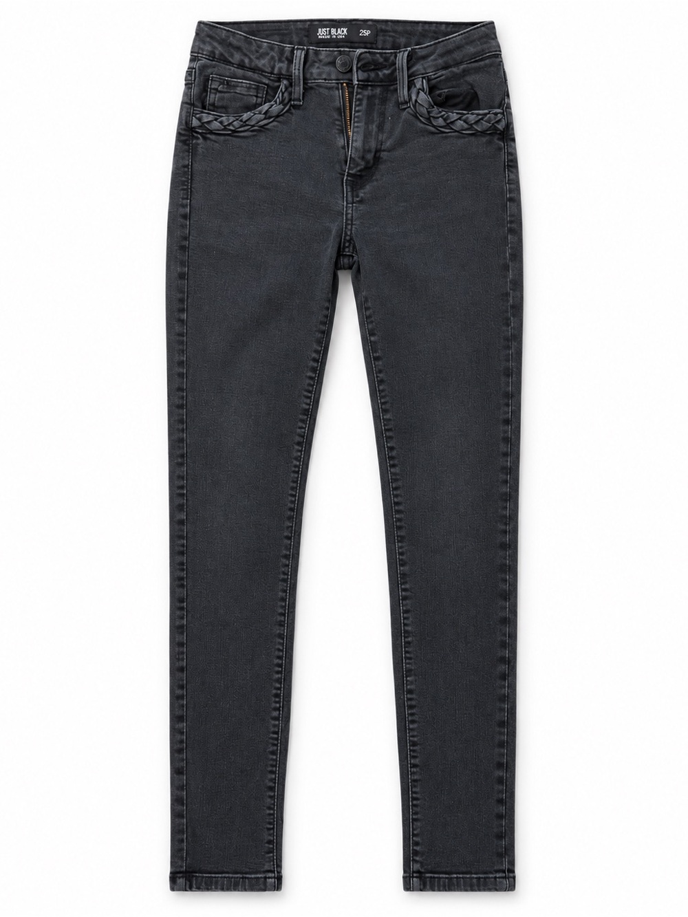 JUST BLACK Washed Charcoal Skinny Jeans Braided Pockets 25P Made in USA
